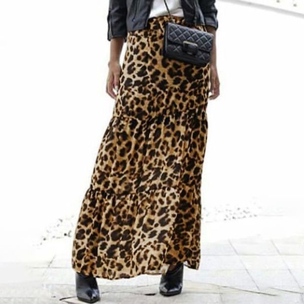 

fashion women long leopard print skirts summer casual elastic waist skirt party loose maxi skirts female vestido s-5xl, Black