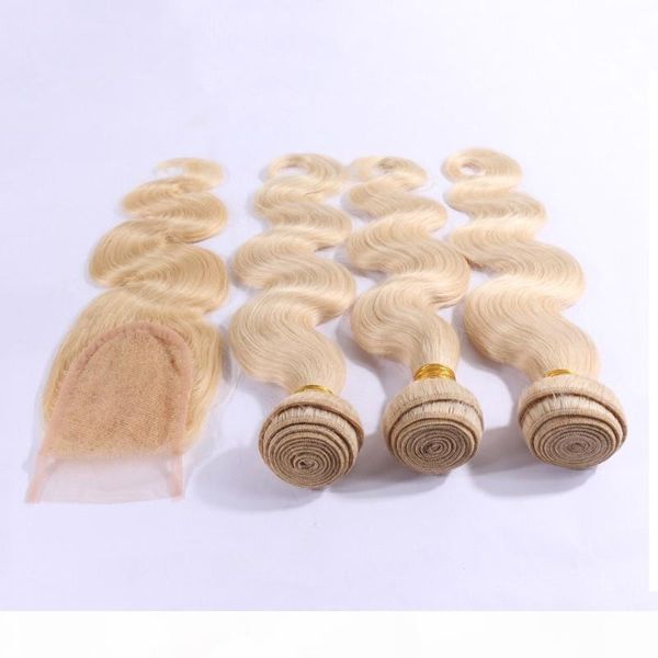 

virgin peruvian blonde human hair with closure 4pcs lot #613 bleach blonde peruvian virgin hair 3bundles with 1pc body wave lace closure, Black