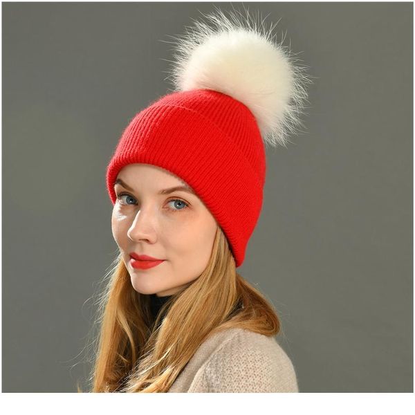 

new women's hat winter beanie knitted hat angora rabbit fur bonnet girl 's hat fall female cap with fur pom jllzny, White
