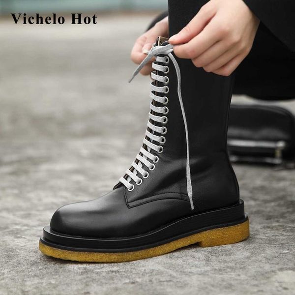 

boots vichelo european style natural leather cross-tied round toe thick med heels zipper mixed colors fashion mid-calf l02, Black