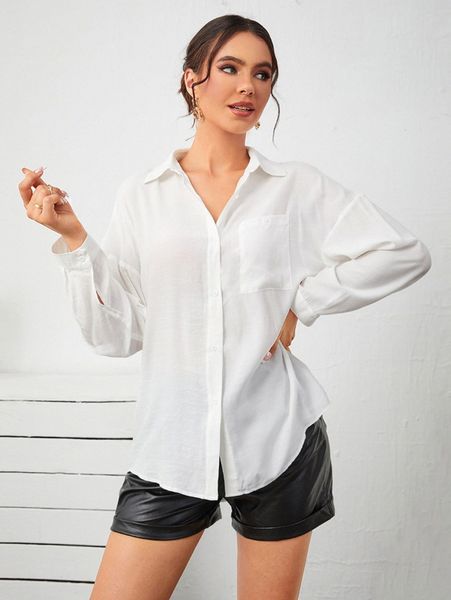 

solid single breasted placket blouse w4ng#, White