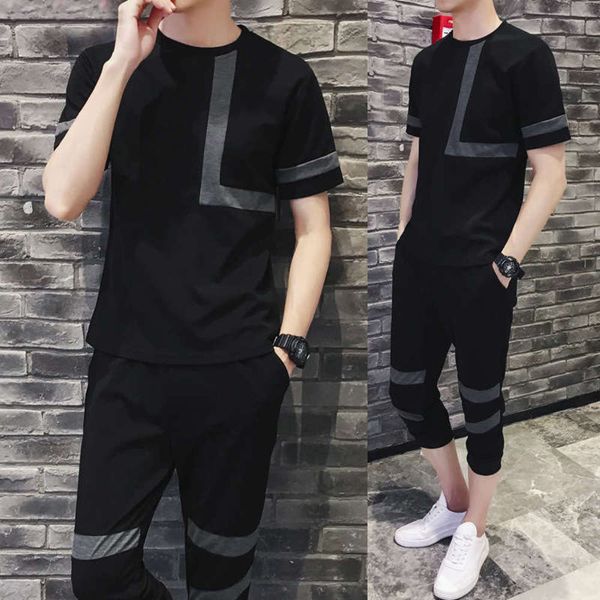 

capris sports casual new suit summer short sleeve t-shirt men's fashion large men, Gray