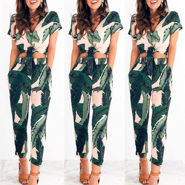 

new clothes 2019 womens leaves print v-neck halter sleeveless ruffled one-piece trousers jumpsuit drop shipping1, Black;white