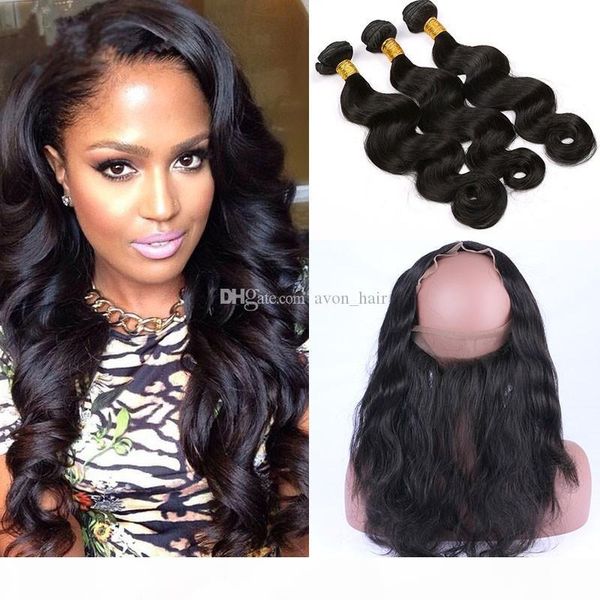 

22.5*4*2 360 pre plucked 360 frontal closure with body wave virgin human hair bundles with baby hair 4pcs lot ing, Black;brown