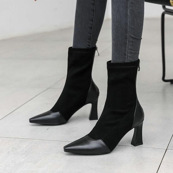

2021 new ankle boots thin high heel women dress work shoes autumn winter fashion pointed toe zipper ladies boots, Black