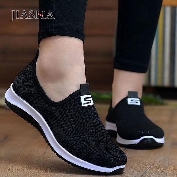 

new women's vulcanize shoes woman sneakers flat with breathable mesh loafers women shoes slip-on female shoes zapatos de mujer y200801, Black