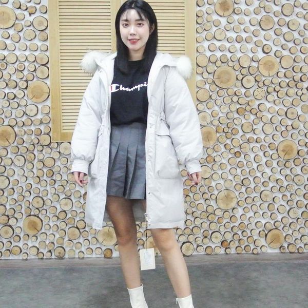 

women double sided down medium long jacket with raccoon fur hat winter white duck down coat waist-tight warm parka snow outwear1, Black