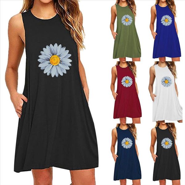 

h40 plus size 6xl dress women pocket daisy printing sleeveless a line party dress o neck casual loose summer dresses for women, Black;gray