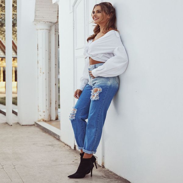 

women's fashion versatile jeans pants with holes and color contrast, Blue