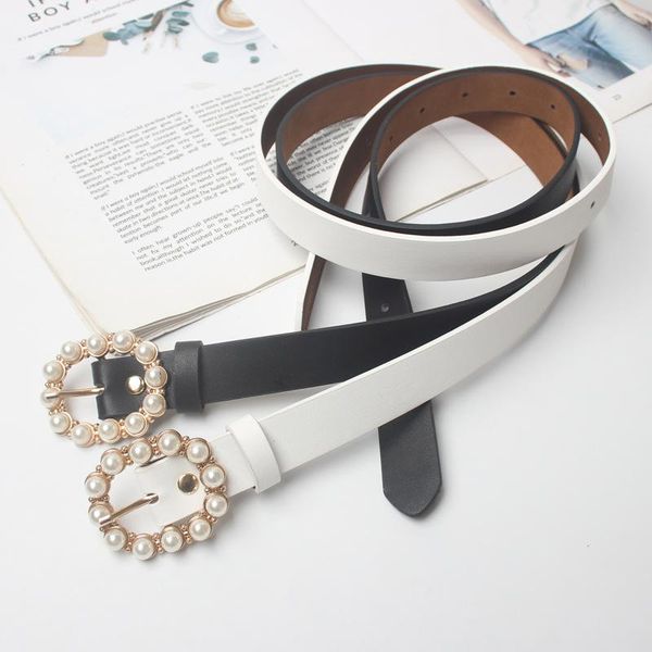 

designed women belt,fashion accessorize pearl round buckle pu leather narrow waist band ladies casual dress with waist belts, Black;brown