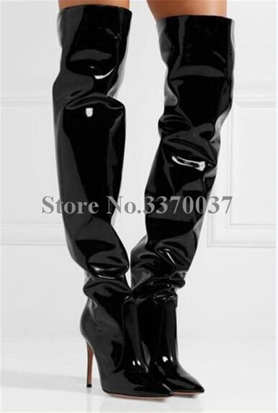 

women charming patent leather over knee high heel boots pointed toe black slip-on long boots dress shoes