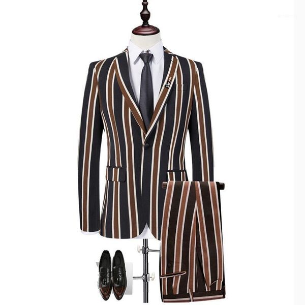 

men new striped plaid suit set three-piece, ceremonial host performance costume, groom groomsmen wedding dress1, White;black