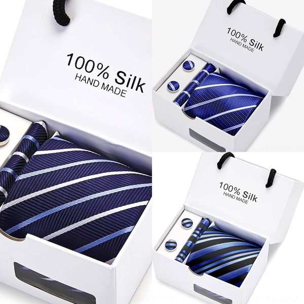 

ycao design set new tie box with gift woven jacquard box gravata silk tie hanky cufflinks necktie sets for wedding party men, Black;blue