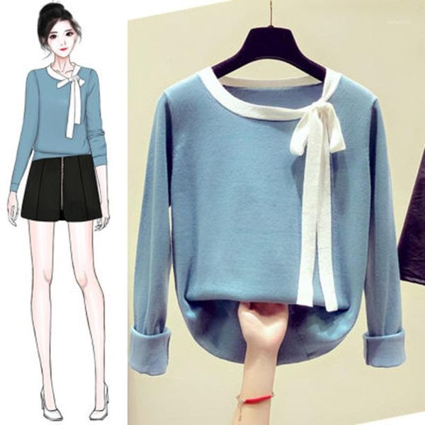 

2020 new spring round neck ladies t-shirt sweet long sleeve bowknot knit sweater women lace up t-shirt1, White;black