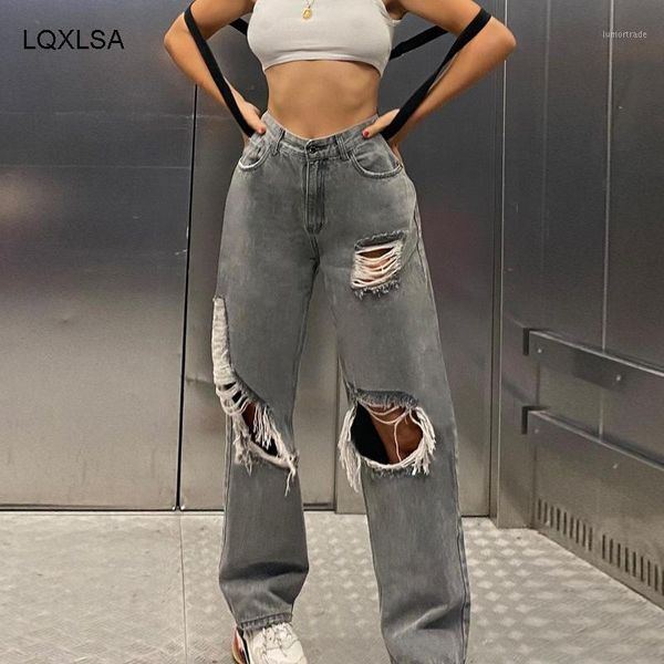 

women's jeans streetwear high waised baggy women trousers loose ripped hole woman pants 2021 ladies black denim female1, Blue
