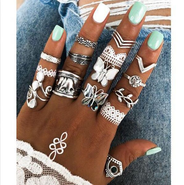

s1872 fashion jewelry knuckle ring set vintage butterfly elephant flower rings midi rings sets 12pcs/set, Silver