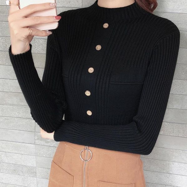 

women's sweaters turtleneck sweater women 2021 autumn winter black button knitted pullovers long sleeve jumper pull femme clothing, White;black