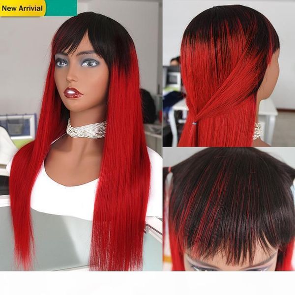 

highlight red ombre human hair natural wig straight malaysian remy braided wigs with bangs colored 1b red glueless front wig with no lace, Black;brown