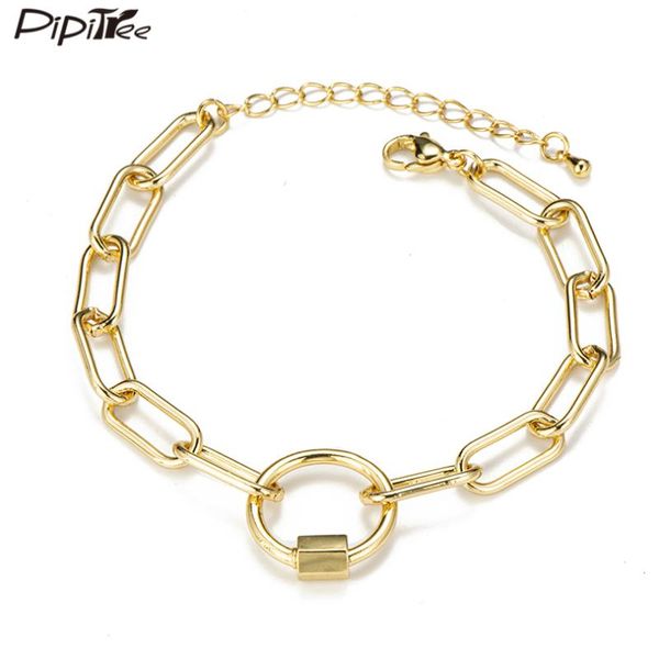 

pipitree hip hop chunky thick chain bracelet for women men copper gold color round charm bracelets bangles punk street jewelry, Golden;silver