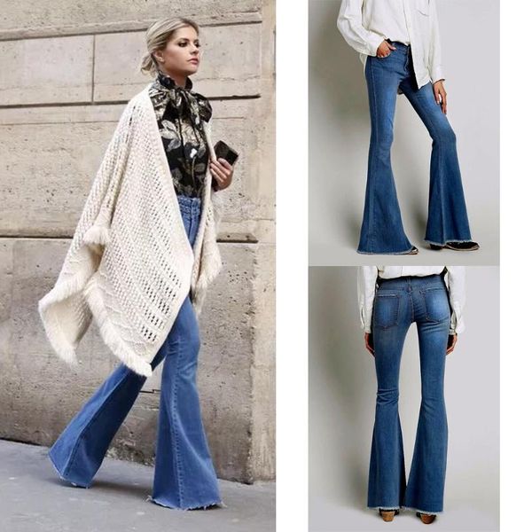 

women's jeans stretch elastic for women full length cowboy baggy wide leg lady flare jeansbell bottom boyfriend female denim pants d30, Blue