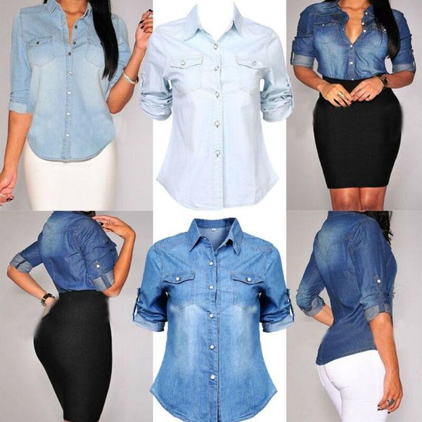 

casual women blouse retro women blue jean fitted soft denim long sleeve shirt blouse shirt, White