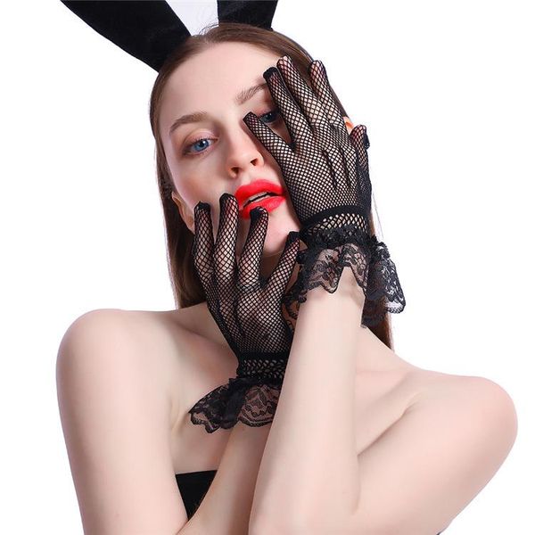 

five fingers gloves mesh fishnet hand summer uv-proof driving dance costume lace five-finger retro party black white, Blue;gray