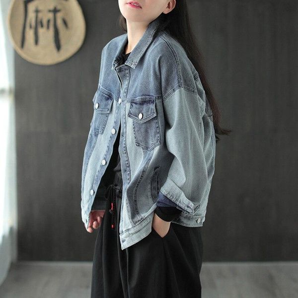 

fairynatural ladies vintage loose denim 2021 women cardigan spliced button pocket casual autumn spring jeans jackets, Black;brown