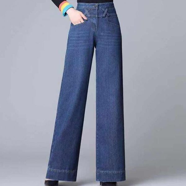 

women's jeans spring and autumn high waist wide leg middle age large size loose thin straight pants female, Blue