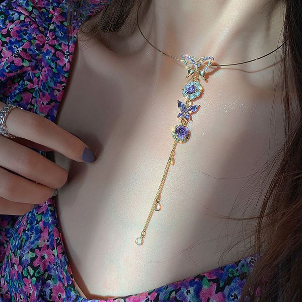 

amethyst butterfly colorful purple diamond earrings temperament collar bone chain net red necklace, Silver