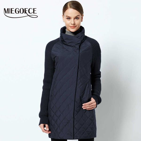 

miegofce 2021 spring-autumn women jacket with a collar knitted sleeve warm jacket new collection of designer women's parka coat v191209, Black