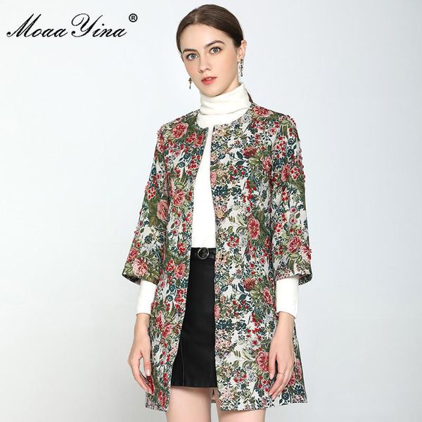 

moaayina fashion designer long windbreaker long sleeve flowers jacquard beaded runway covered button windbreaker coat, Tan;black