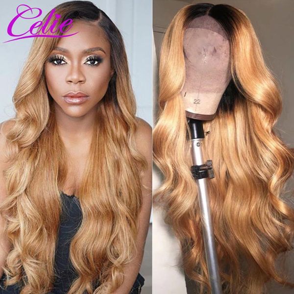 

lace wigs celie 1b/27 body wave front wig ombre human hair 13x6 colored 200 density, Black;brown