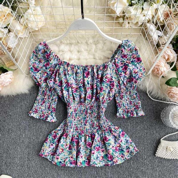 

2020 summer korea fashion women sweet printed square collar puff sleeve ruffle blouse and blusas femininas elegante h4671, White