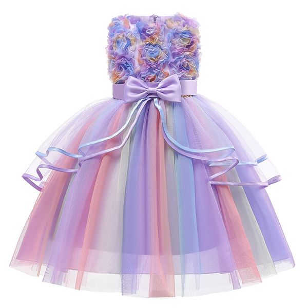 Unicorn arco-íris vestido bebê meninas princesa flor pastel vestidos para festa de aniversário de verão cosplay executar crianças traje 20220224 q2