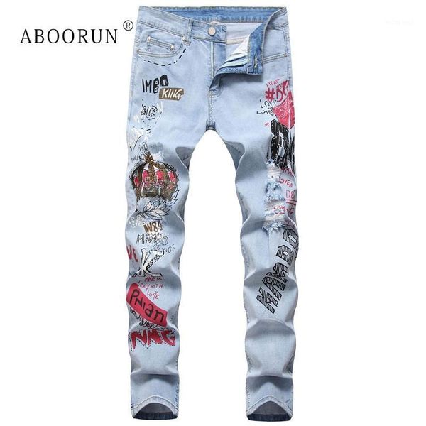 

aboorun hi street men's ripped jeans 3d graffiti printed jeans elastic skinny pencil denim pants for male1, Blue