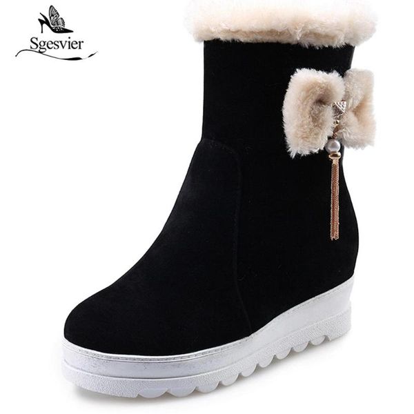 

sgesvier женщины клин пятки платформы snow boots боути лодыжки короткие сапоги зима теплая плюшевые botas женщины повседневная footwears ox9, Black