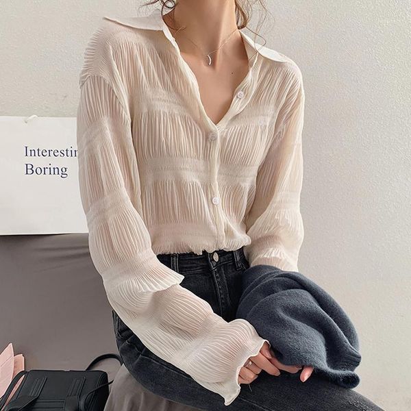 

spring vintage women chiffon blouses style long sleeve loose blusas femme 2020 turn-down collar female shirts 1, White