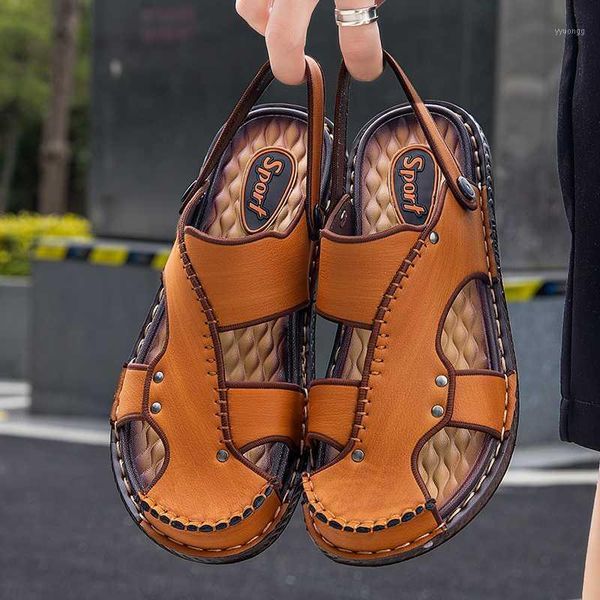 

sandals merkmak casual men soft comfortable leather men's slippers roman summer outdoor beach big size 38-451, Black