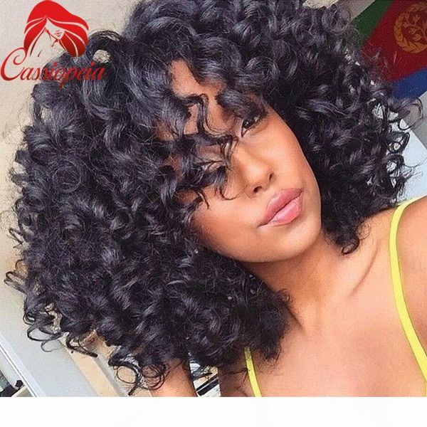 

bouncy curly 180 density full lace wigs with bangs virgin peruvian human hair lace front wigs curly for black women ing, Black;brown