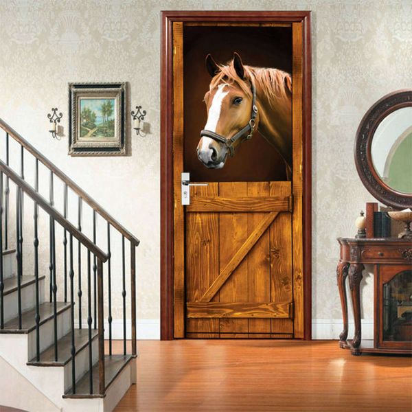 

meiji creative environmental protection 3d horse door renovation self adhive bedroom wall sticker