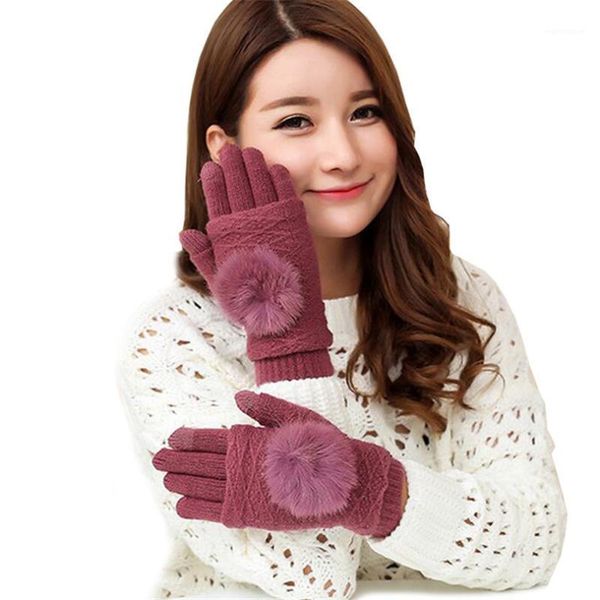 

female gloves wool knitting thicken three ways useful touchscreen fur pompon gloves winter warm women double mittens g0341, Blue;gray