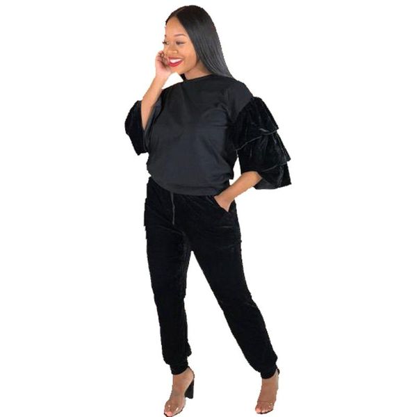 

ruffle sleeve velvet patchwork african clothes for women two piece set 2021 spring autumn new casual tracksuit african women set, Gray