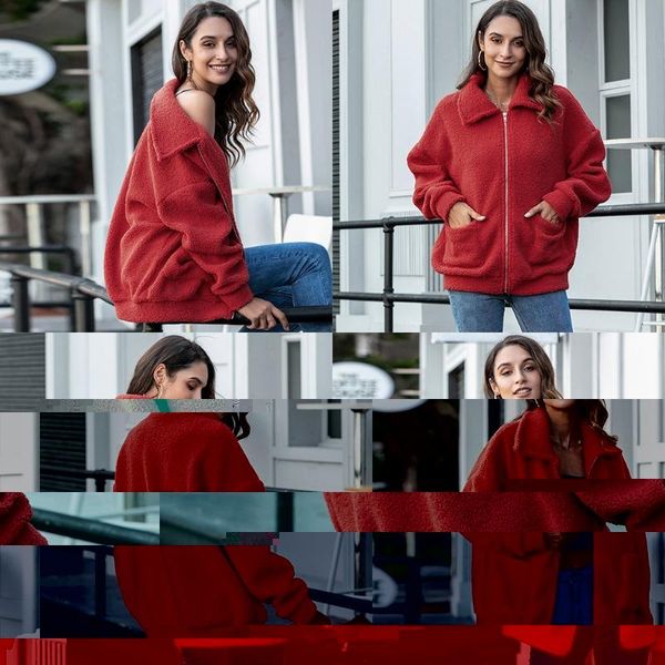 

women warm plush fur coat long sleeve thicken zipper fur jacket casual lapel solid color autumn winter loose, Black