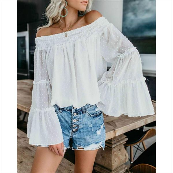 

autumn spring flare sleeve blouse plus size loose 2021 women fashion casual off shoulder blouse trumpet sleeve shirt, White