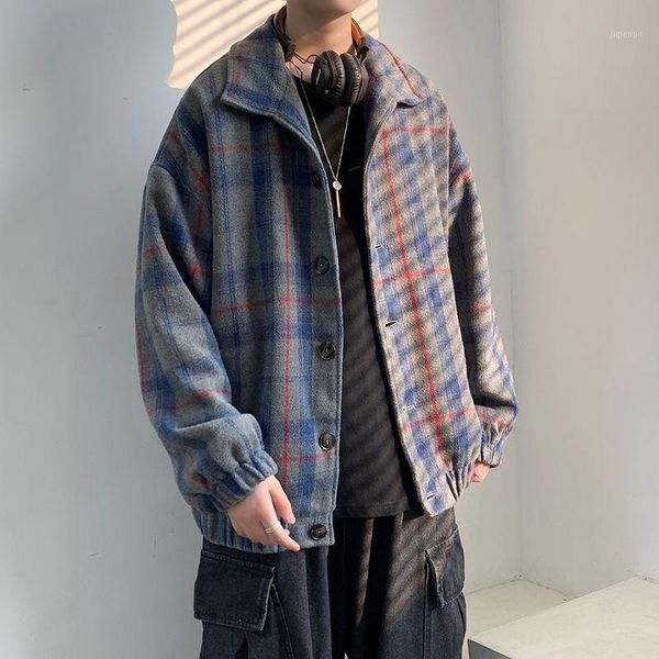 

men's wool & blends winter men's fashion snow jackets trend lattice printing outerwear casual cashmere coats loose woollen big siz, Black