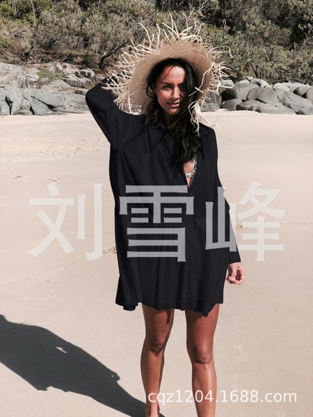 

2021 new three-color blouse woman swimsuit cover cotton shirt-style holiday cardigan bikini shirt nj6z, Black;gray