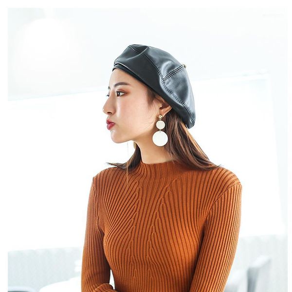 

women genuine leather beret caps retro england style vintage painter sheep leather hat ladies hat winter spring warm outdoor1, Blue;gray