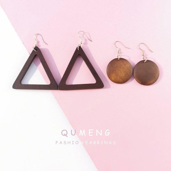 

stud qumeng 2021 design woman earrings handmade wood earring triangle/round national style fashion exaggerated geometry jewelry, Golden;silver