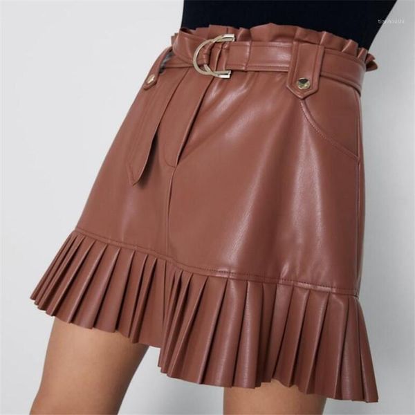 

pu skirts women ruffles bow tie sashes pockets zipper pleated skirt female casual women leather skirt ladies clothing1, Black