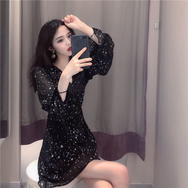 

2021 new chiffon fairy women puff sleeve v-neck ruffles sweet dress high waist fashion korean female clothing autumn tgd3, Black;gray
